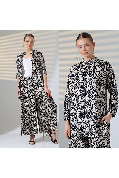 AYASOFYA OTANTIK Women's Beige Print Shirt Tunic Rubber Waisted Pants Set