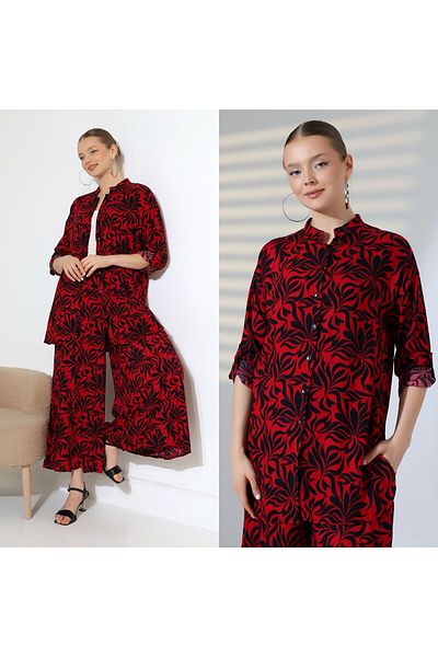 AYASOFYA OTANTIK Women's Red Patterned Shirt Tunic Rubber Waisted Pants Set