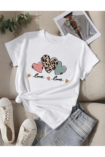 khufu Μπλουζάκι Oversize White Love Leopard Heart με στάμπα χαλαρής εφαρμογής