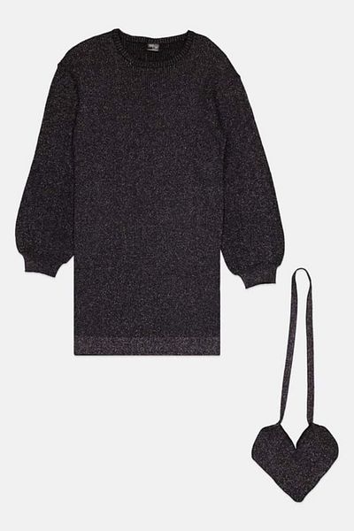 Miss Kids Girl Metallic Sweater Dress With Crossbody Bag Set, Black
