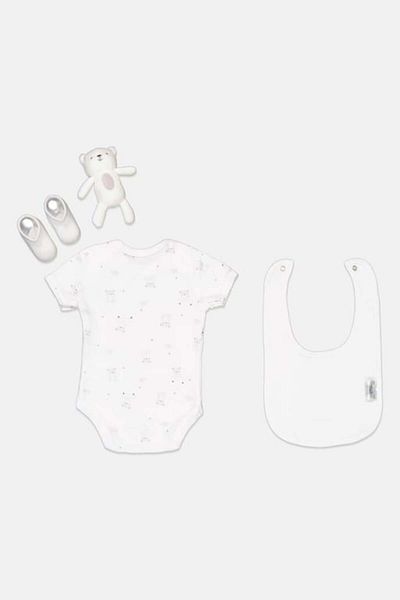 Rock A Bye Baby Boutique Toddlers Boy 4 Pieces Allover Print Bodysuit Gift Set, White