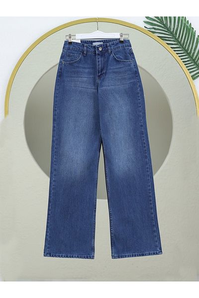 Modamorfo Pantaloni din denim cu talie înaltă cu buzunare multiple - Albastru