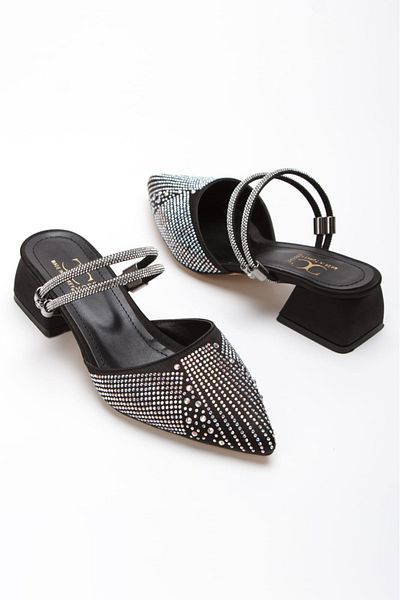 Satenora Saphir Short Heeled Stone Black Slippers