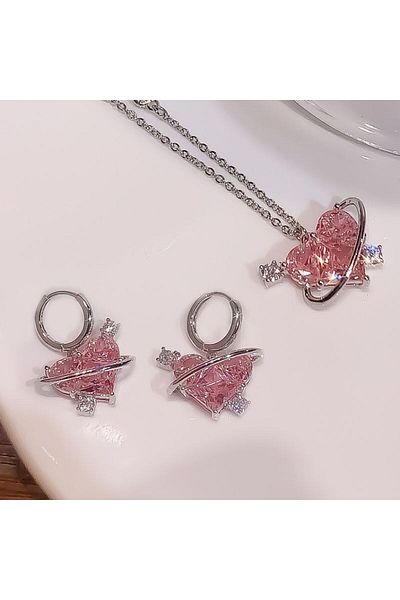 Choice heart set Pink Heart Pendant Necklace Earrings Women's Fashion Shiny Zircon Stud Earring Necklace Ro