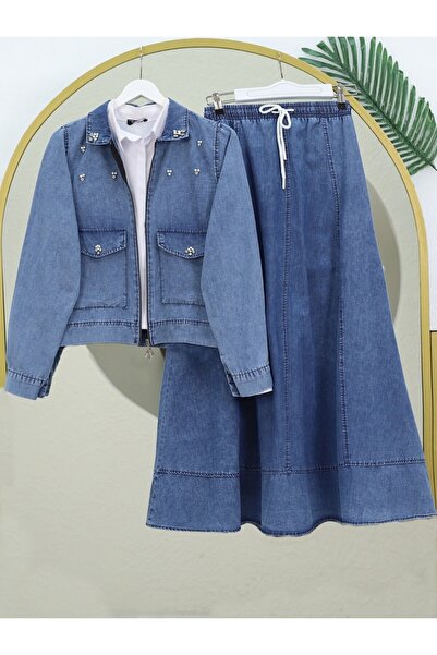 Modamorfo Set jachetă și fustă cu fermoar cu perle Ice Blue