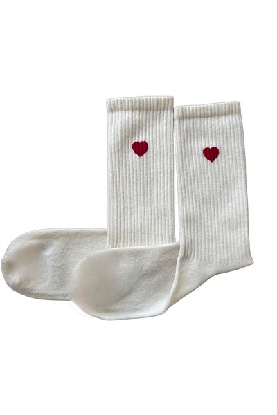 MAZEN Red Heart Detailed Long Socket Combed Cotton Socks Beige Color
