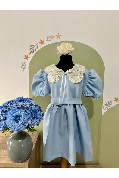 LİONXKİDS Diana Model, Fisto Bebe Yaka, Balon Kol, Mavi Çocuk Elbisesi