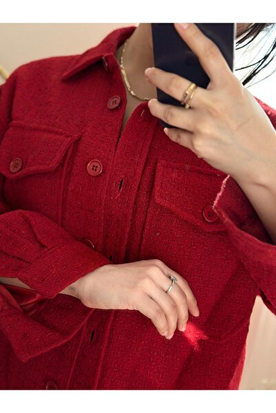 Azra Kadın Bordo Düğmeli Cep Detyalı Ceket
