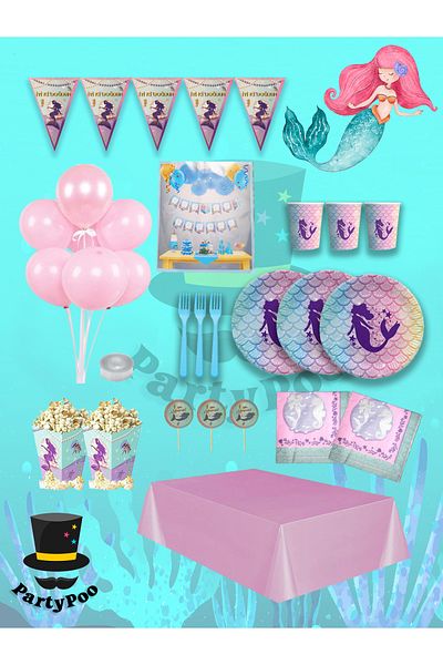 PartyPoo Mermaid Themed Mega Birthday Set For 8 People | Party Supplies And Decorations