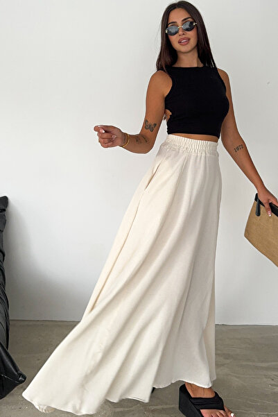 ÖZLEM BAŞTÜRK Kadın Keten Karışımlı Cepli Etek