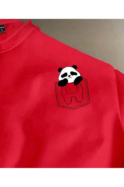 khufu Oversize Red Panda Pocket Printed Relaxed Fit T-Shirt Unisex