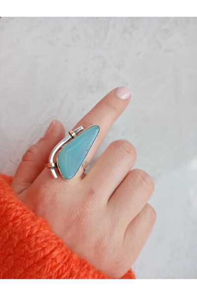 GÜMÜŞ Papila Silver Ayarlanabilir Mavi Akik Üçgen Tasarım Yüzük