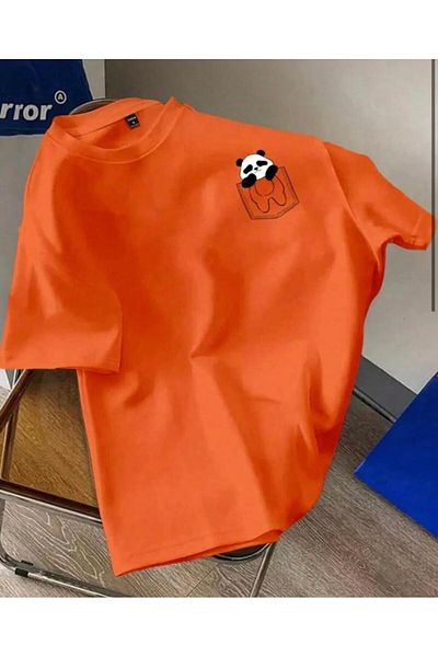 khufu Tricou oversize portocaliu PANDA cu buzunar imprimat cu croiala relaxata unisex