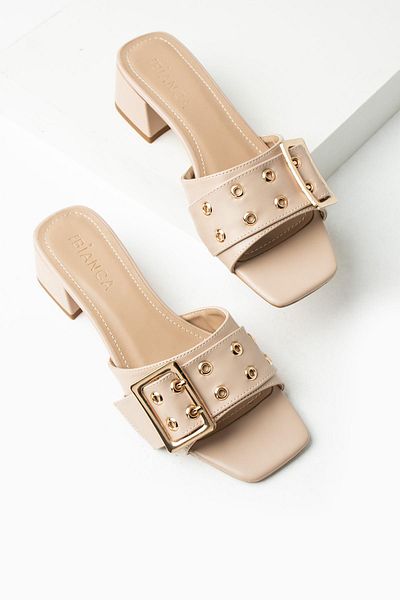 diclepolat Beige Women's Slippers - Low Chunky Heel, Single Strap, Best 4cm Casual Design