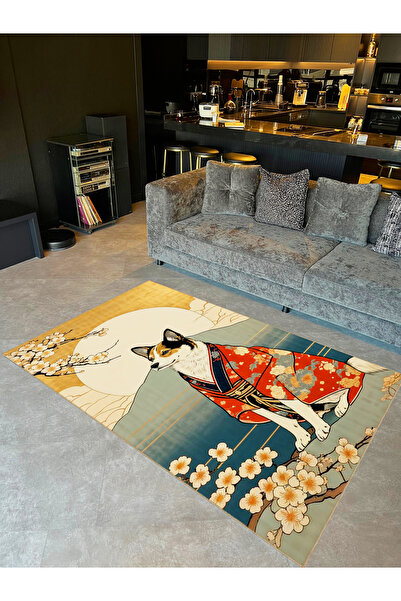 Tugrul Collection Dog Patterned Woven Sole Modern Decorative Rug Wearing Sun and Kimono 36
