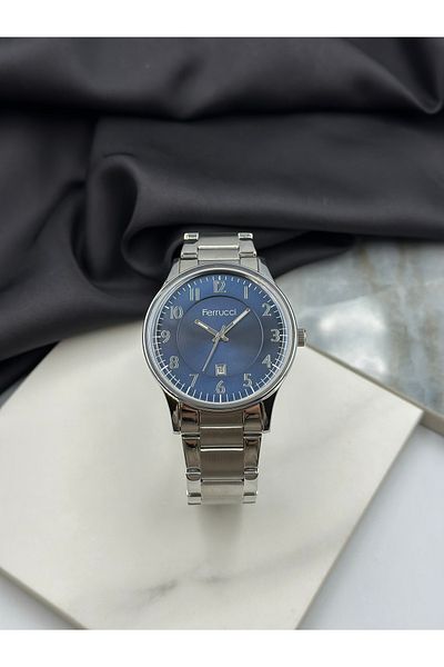 Ferrucci Silver Band Blue Dial Minimalist Design Steel Band Ferrucci Men's Wristwatch