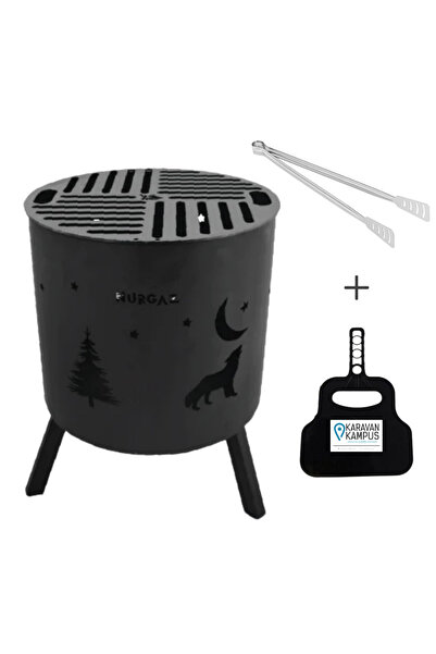 NURGAZ Katlanır Ayaklı Izgaralı Ateş Kovası Orman Şöminesi, Karavan Kampüs Yelpaze ve  Maşa Seti