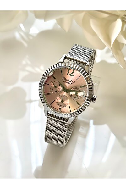 Ferrucci Ferrucci̇-(Silver Color) Straw Cord Iridescent Pink Inner Dial Women's Wrist Watch