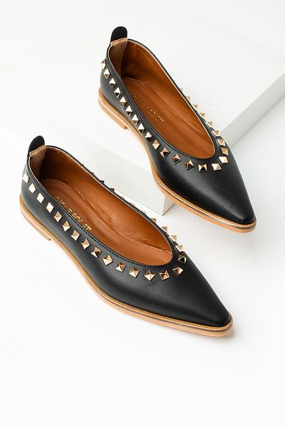 diclepolat Black Pointed Toe Troc Detailed Women's Ballerinas