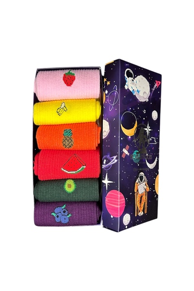 NOMADSOCKS Unisex Renkli Meyve Nakışlı LÜKS Parfümlü Çorap Kutusu 6'li set