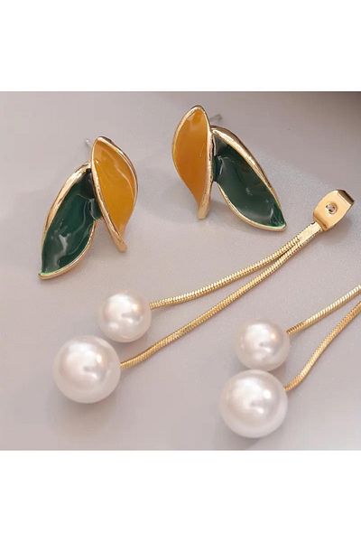 KÜP AKSESUAR Vintage Leaf Pattern Pearls Earrings
