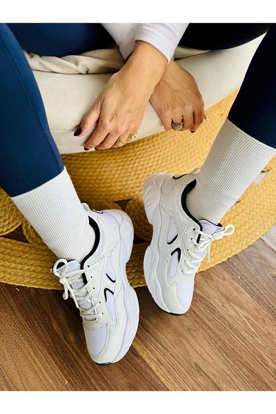 İnan Ayakkabı Women's White Black a Quality Vegan Leather Orthopedic Women's Sneakers & Sports Shoes (Sole 4 cm)