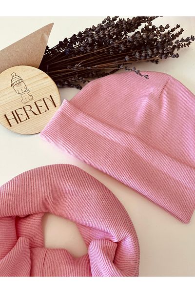 HEREN BUTİK Pink Folded Label Beret and Neck Collar Set