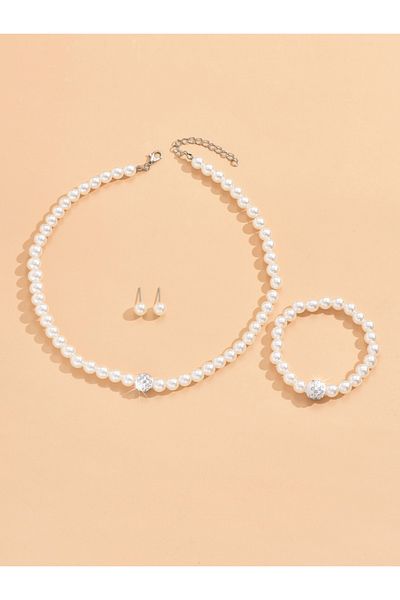 Choice Silver 45cm Zt5042 4pcs Women's Jewelry Set Pearl Set Diamond Necklace Bracelet Earrings Set Gorgeou