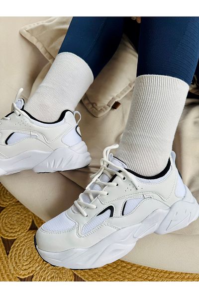 İnan Ayakkabı Women's White Black a Quality Vegan Leather Orthopedic Women's Sneakers & Sports Shoes (Sole 4 cm)