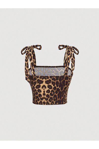 Wild Flower Top cu bretele late de vară cu fundă cu imprimeu leopard