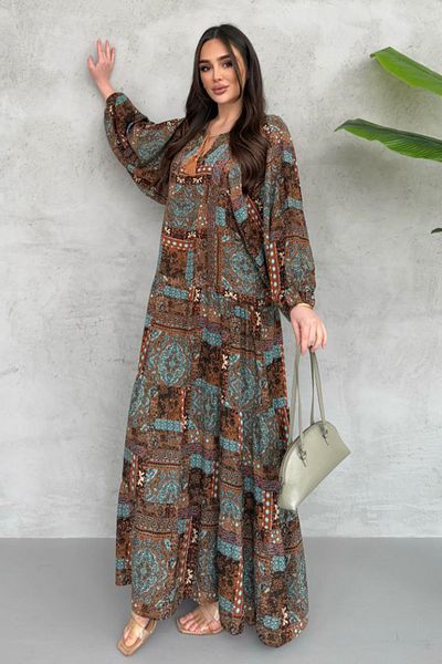 AYASOFYA OTANTIK Women's Brown Turquoise Ethnic Decent Balloon Sleeves Loose Long Dress