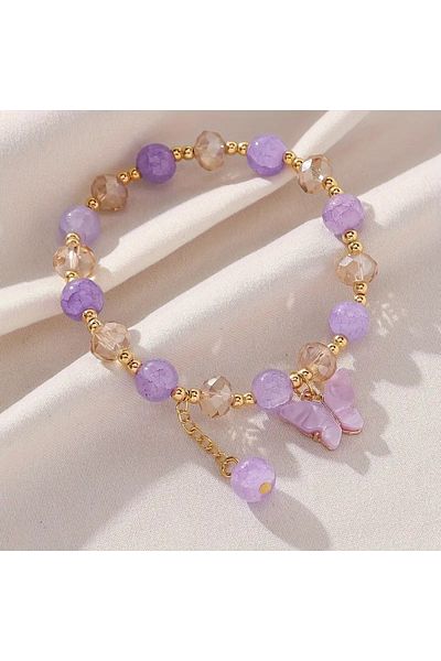 Choice ASL701561P Purple Butterfly Charm Beaded Stretch Bracelet For Women Multi Color Crack Faceted Beads