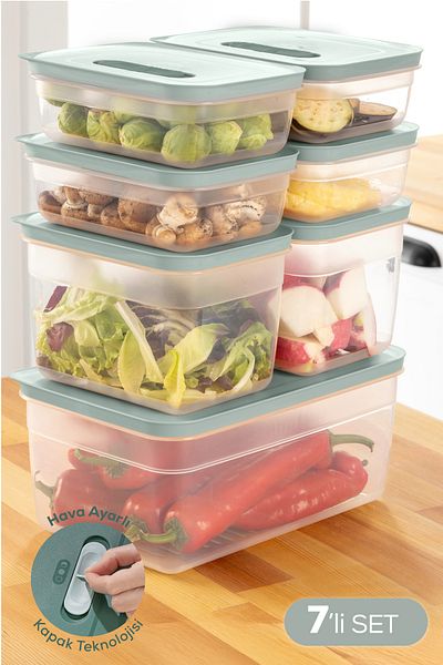 Vienev 7 Air Duct Adjustable Vegetable and Fruit Storage Container 4X(1.15 Lt) 2X(2.35 Lt) 1X(5 Lt) Mint
