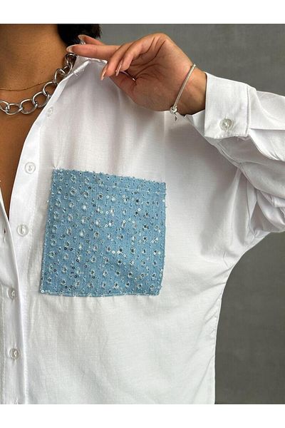 Esra Butik Hane Cămașă de damă din denim alb cu paiete cu detaliu de buzunar