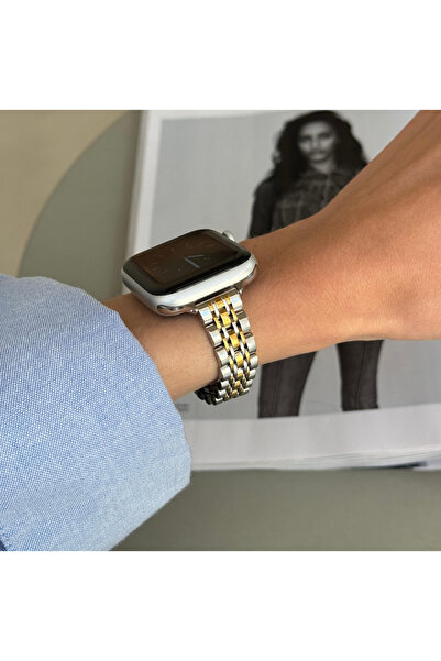 Bushco Store Apple Watch Paslanmaz Çelik Ince Slim Gümüş-Gold Rolex Tasarım Kordon watch 10 46mm- 44-45-49mm