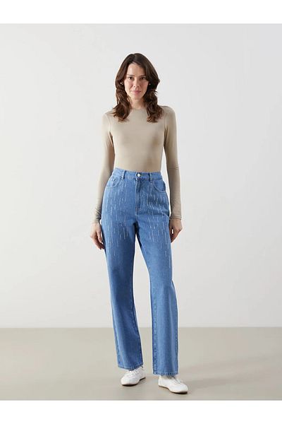 LC Waikiki Lcw Comfort Indigo - Women's Elastic Waist Jeans with Stone Detail