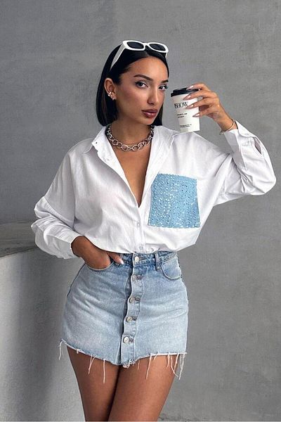 Esra Butik Hane Cămașă de damă din denim alb cu paiete cu detaliu de buzunar