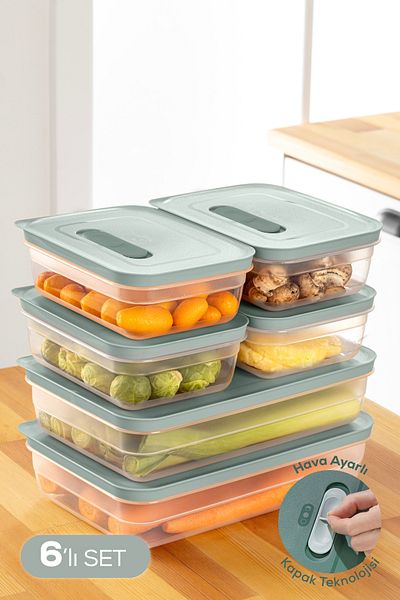 Vienev Adjustable Vegetable and Fruit Storage Container with 6 Air Ducts 4X(1.15 Lt) 2X(2.5 Lt) Mint