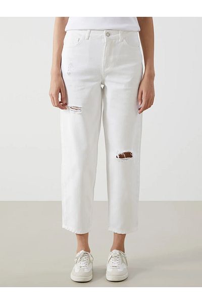 LC Waikiki LCW Jeans Białe Boyfriend Ripped Detail Jeans Damskie Spodnie Jeansowe
