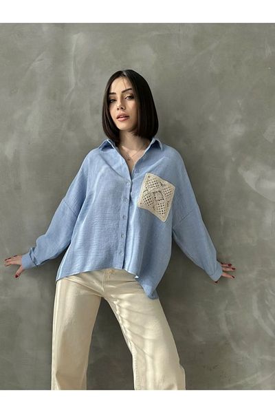 Esra Butik Hane Cămașă de damă din dantelă albastră cu buzunare