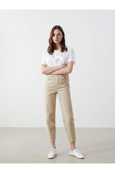 LC Waikiki Lcw Jeans Beige Elastic Waist Slouchy Fit Women's Jeans