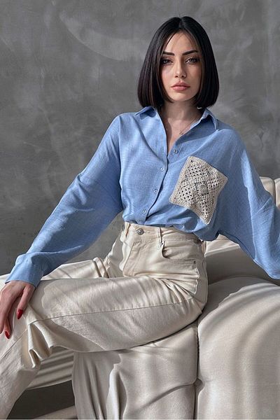 Esra Butik Hane Cămașă de damă din dantelă albastră cu buzunare