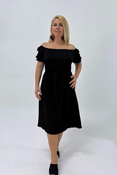 ANGELINO Büyük Beden Carmen Yakası Beli Çok Esnek Akdeniz Elbise GLS46