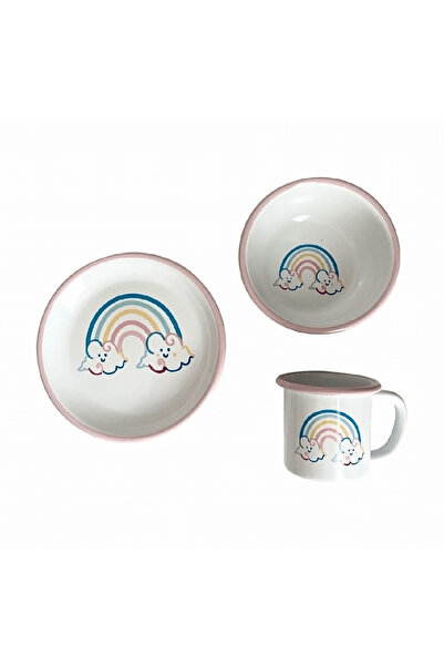 Bidoluraf Rainbow Bebek/çocuk Emaye Kırılmaz Yemek Mama Seti 3 Parça (TABAK -...