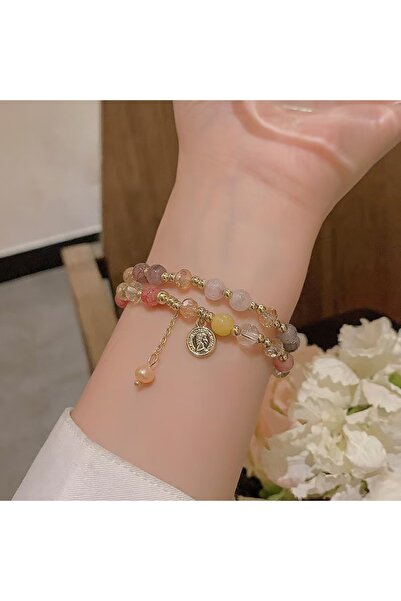 Choice سوار نسائي من الخرز الكريستالي المزدوج باللون الوردي بطول 33 سم، سوار ...