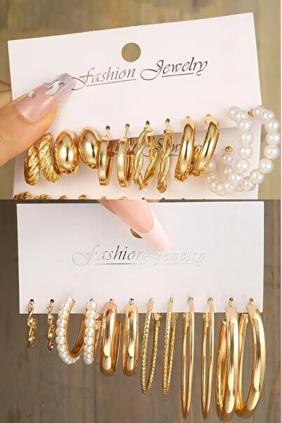 Le Manolia Accessories 24 Adet Halka Küpe Inci Küpe Halka Küpe Klipsli 12 Çift Küpe Gold Renk Kadın Küpesi