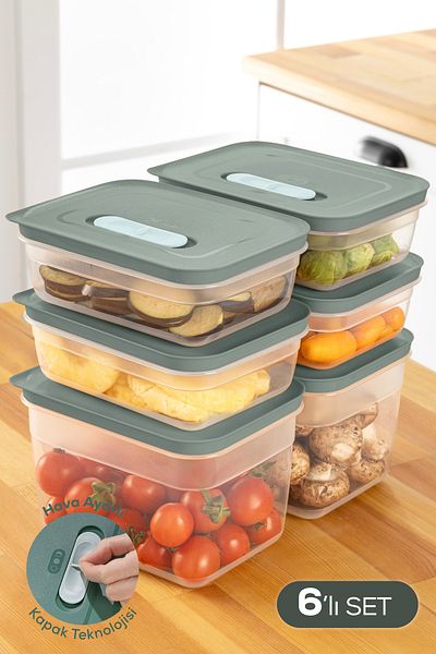 Vienev Adjustable Vegetable and Fruit Storage Container with 6 Air Ducts 4X(1.15 Lt) 2X(2.35 Lt) Green
