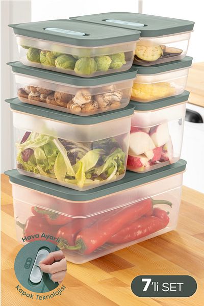 Vienev Adjustable Vegetable and Fruit Storage Container with 7 Air Ducts 4X(1.15 Lt) 2X(2.35 Lt) 1X(5 Lt) Green