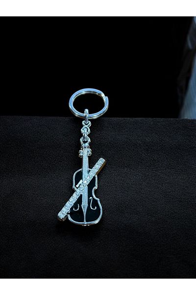 GLANZEND Silver Black Guitar Keychain with Zircon Stone