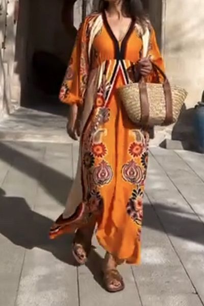 AYASOFYA OTANTIK Women's Orange V-Neck Ethnic Patterned Balloon Sleeve Loose Back Zipper Closure Ethnic Dress